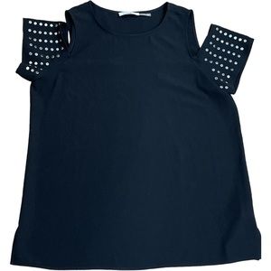 🐇 CALVIN KLIEN black silver studded cold shoulder top size medium